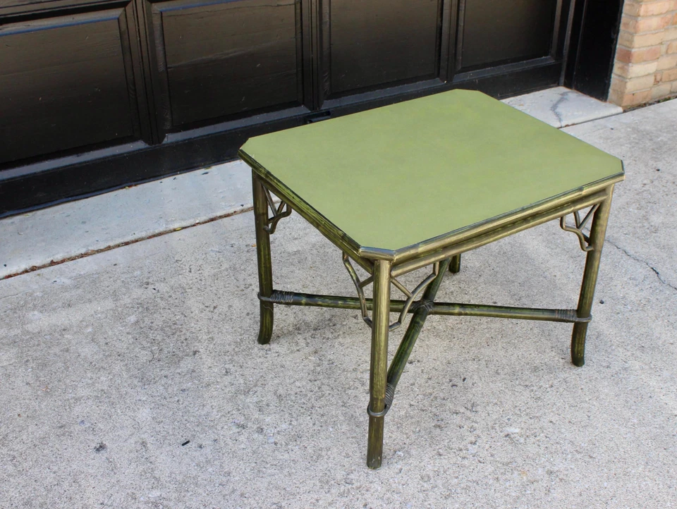 Vintage Mid Century Bamboo JADE GREEN Chinoiserie Fretwork Side Table Hollywood - Image 3 of 4