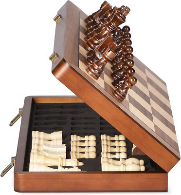 15'' Wooden Chess Set with Magnetic Pieces - Extra Queens - Folding Chessboard Po