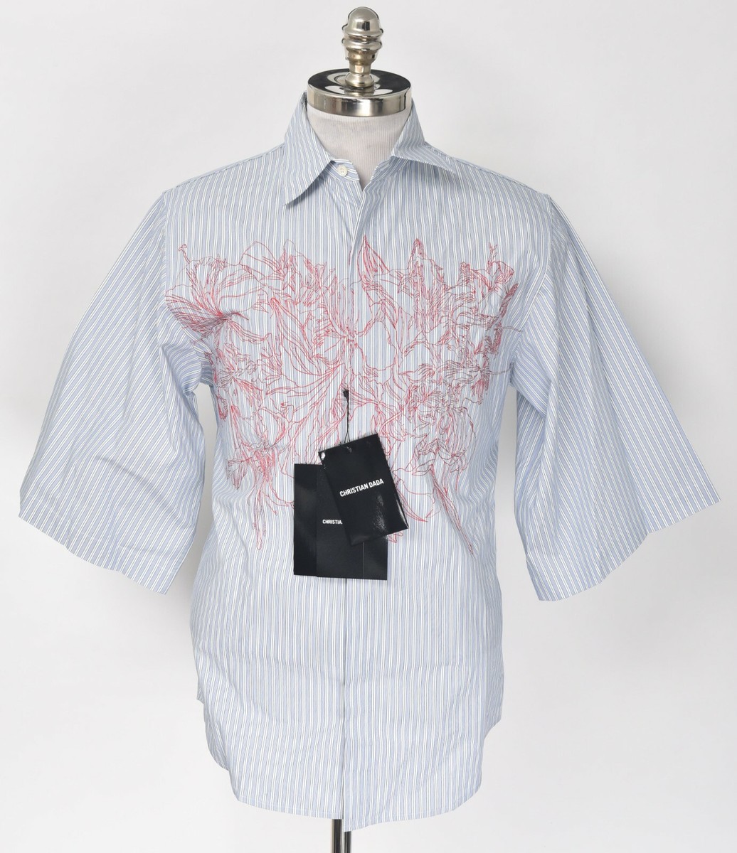 NWT CHRISTIAN DADA Blue Striped Flower Embroidered S/S Button-Up 