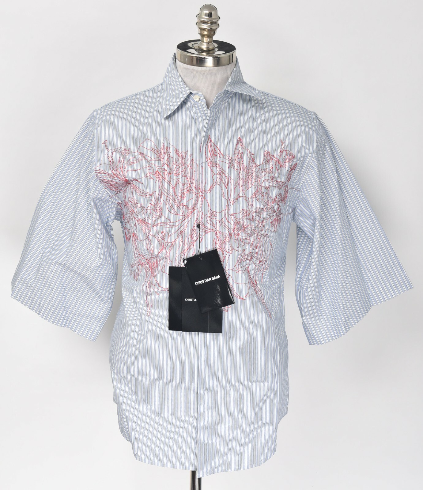 NWT CHRISTIAN DADA Blue Striped Flower Embroidered SS Button-Up Shirt 46 Fits S 13990₽