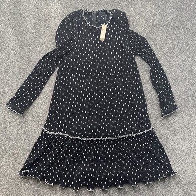 Womens 12 J Crew Black White Polka Dot Long Sleeve Ruffled Pleated Dress Black