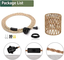 Boho Plug in Pendant Light Hanging with Cord Ceiling Lamp Rattan Cylinder Shade