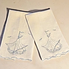 Vint. MARGHAB Hand Embroidery FINGERTIP Towels - DREAM BOAT - Ice Blue FREE SHIP
