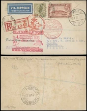 1933 GIBRALTAR ZEPPELIN 4TH SOUTH AMERICA FLIGHT POSTCARD TO BRAZIL