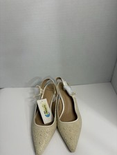 A New Day Beige Beaded Bow Slingback Kitten Pointed Toe Heels Size 8