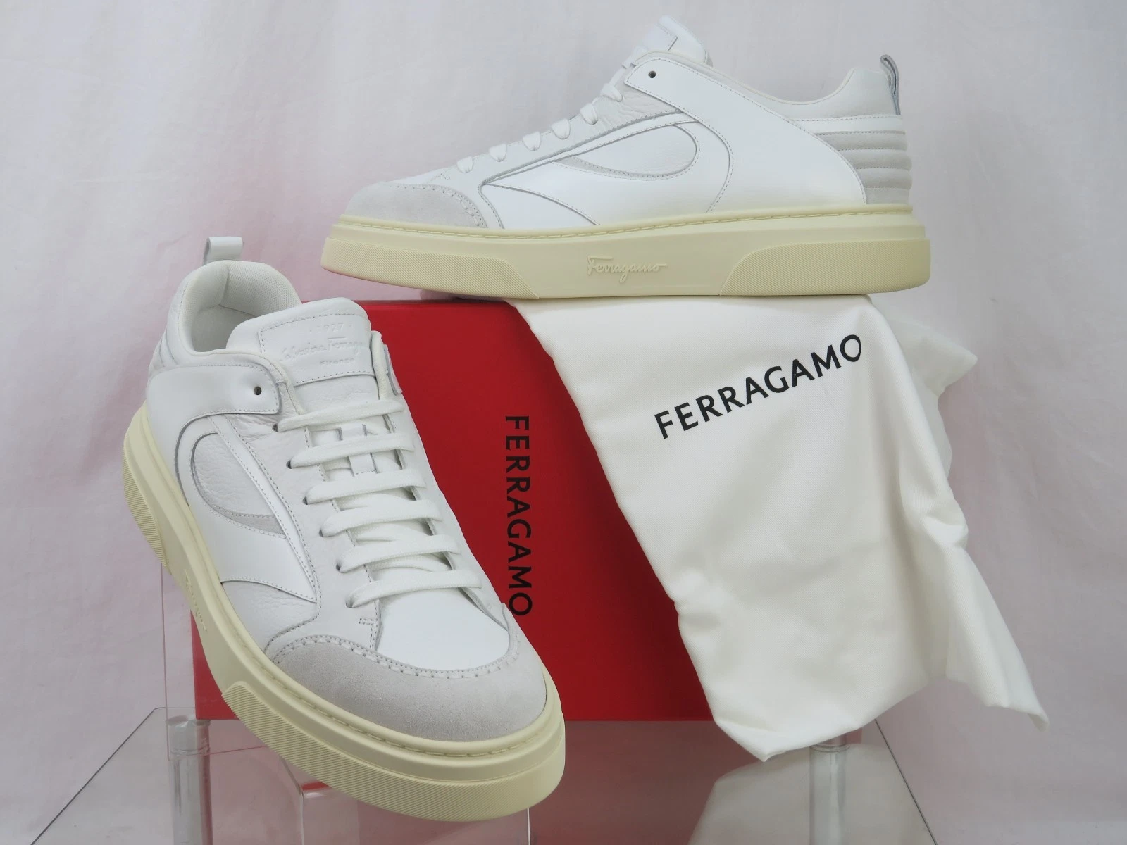 Ferragamo — NIB FERRAGAMO CASSINA WHITE LEATHER GANCINI BIT LOGO SNEAKERS 12 M ITALY