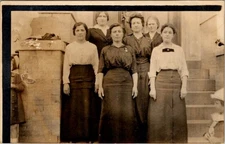 Real Photo Postcard 1910s Women Group Brick Steps Badge Gelatin Silver