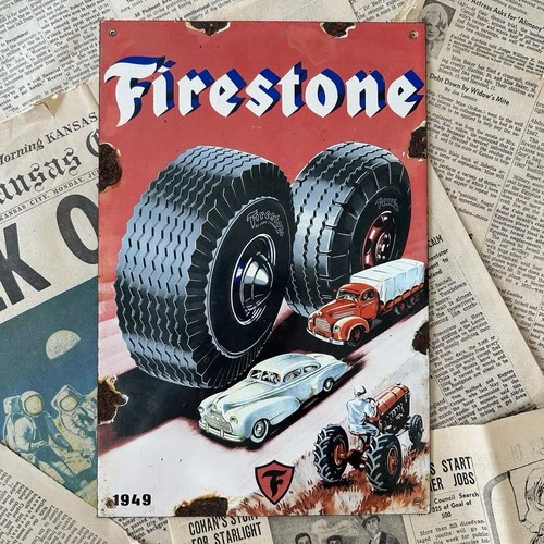 VINTAGE 1949 FIRESTONE  TIRES 8X12 INCHES PORCELAIN ENAMEL SIGN