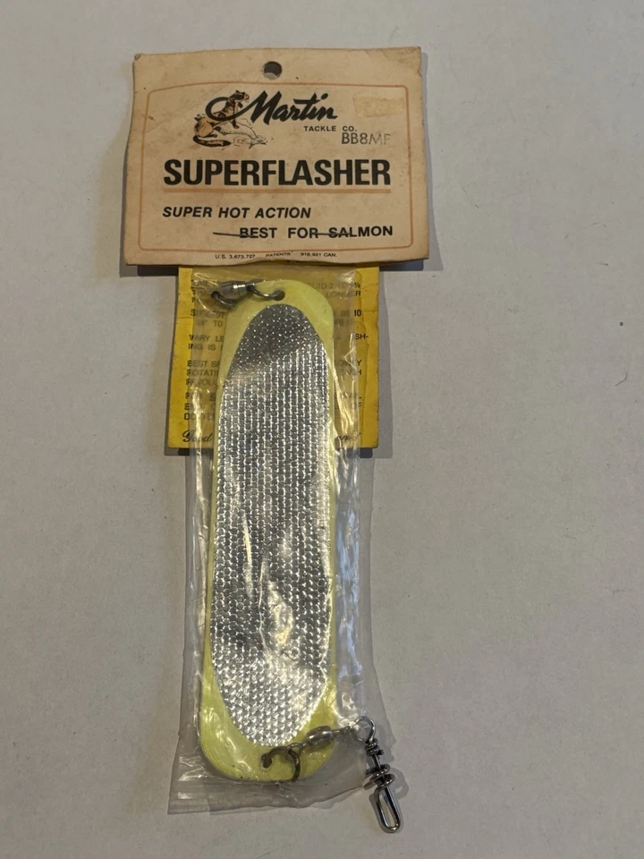 VINTAGE MARTIN TACKLE CO SUPERFASHER BB8MF METALL LACHSANGELN TROLLING BLINKER