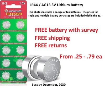 AG13 LR44  LOW AS 25¢ ea 1.5v alkaline Battery Free ship, return coin button