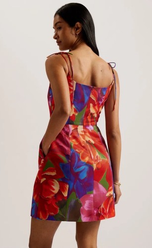 Ted Baker Dress Womens TB2 UK 10 Lyneen Floral Print Tie Shoulder Mini & Pockets - Picture 2 of 20