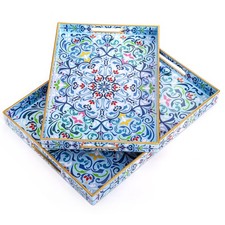 Hiceeden Set of 2 Boho Floral Serving Tray with Handles, 15.7" x 11.8" Decora...