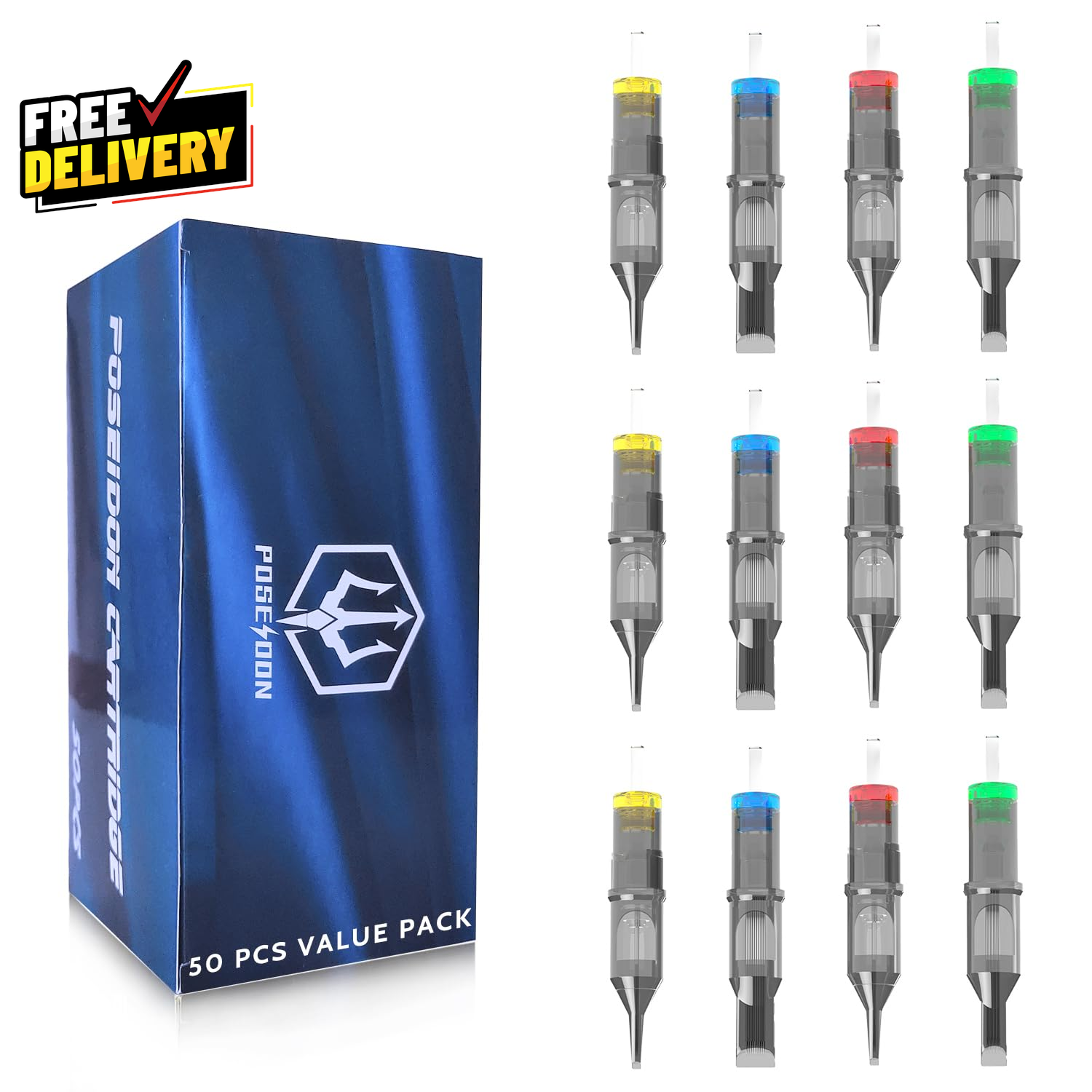 Poseidon Tattoo Cartridge Needles 50Pcs Mixed Sizes Round Liner Shader Set