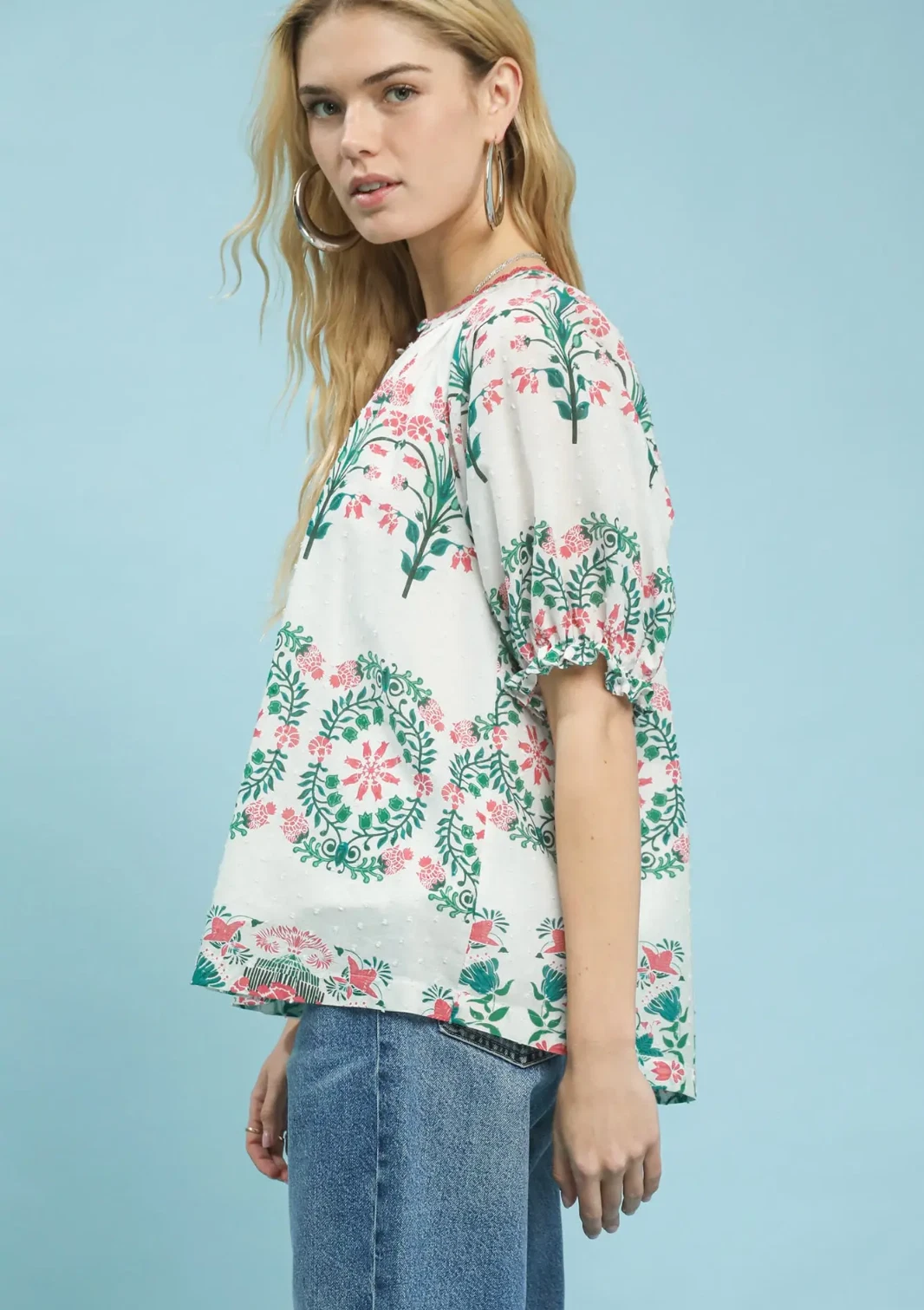 Umgee Floral Lace Detail Short Sleeve Summer Top in Pink Ivory