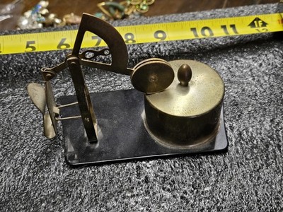 Vintage Brass Pendulum Postal Letter Scale - Butterfly Clip & Lidded Stamp Box