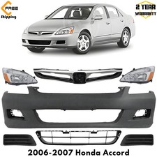 Front Bumper Cover Primed Plastic Headlights Kit For 2006-2007 Honda Accord