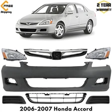 Front Bumper Cover Primed Plastic & Headlights Kit For 2006-2007 Honda Accord