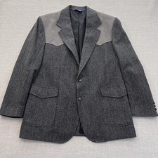 Pendleton Blazer Jacket Mens 46 Long Gray Herringbone Wool Western Elbow Patch
