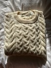 White Aran Sweater, Made in Ireland, 100% Wool, Small