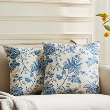 Pack of 2, Chinoiserie Pillow Cover 16 x 16 Inch Blue White Floral Throw Pill...