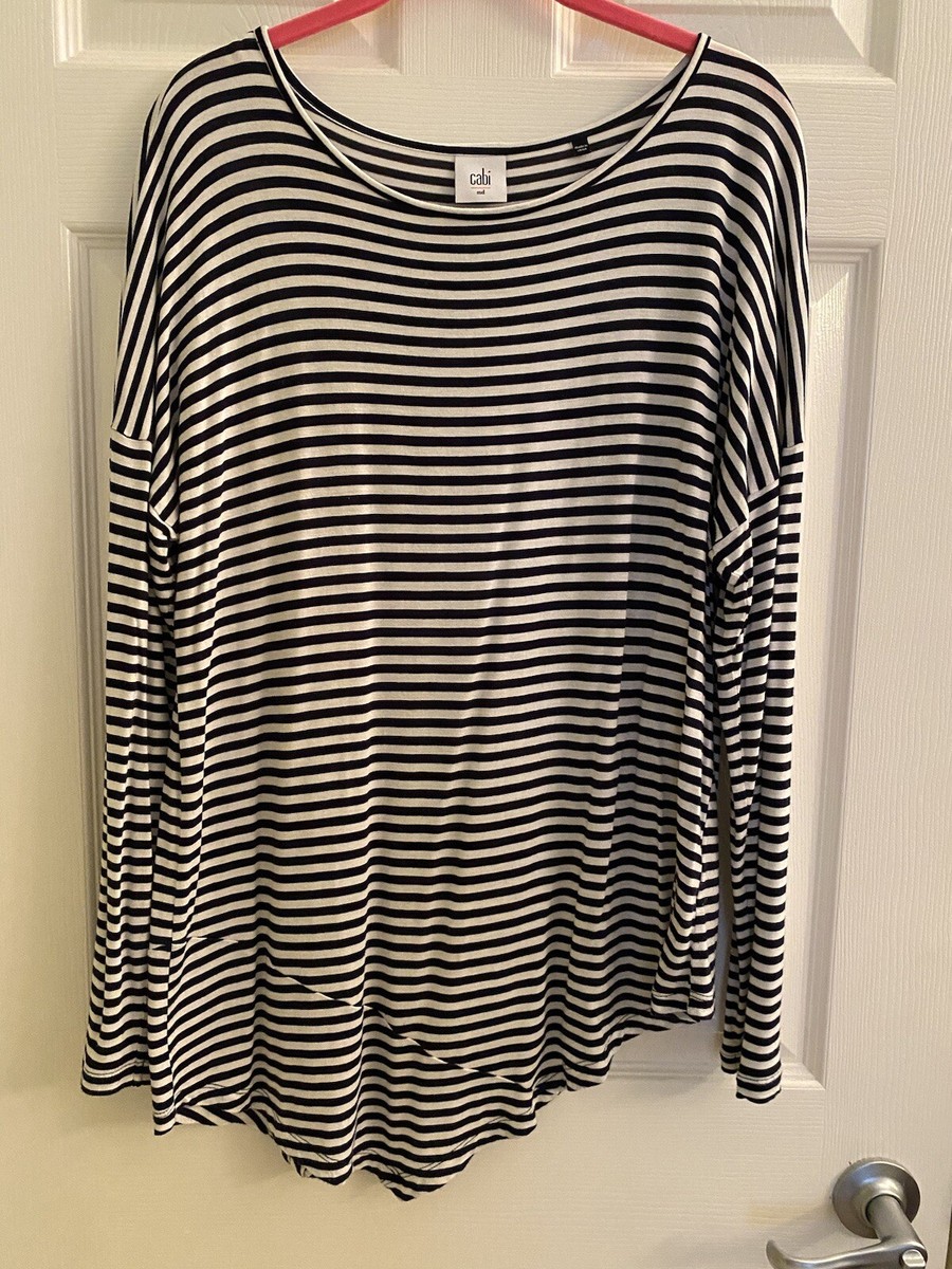 トップス Gail CAbi 5064 Striped Boat Tee Long Sleeve Asymmetrical Blue