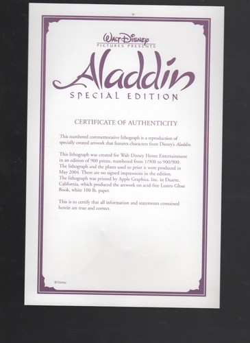 ALADDIN 2004 SPECIAL EDITION LITHOGRAPH MADE BY DISNEY 900 MADE! - Picture 2 of 2