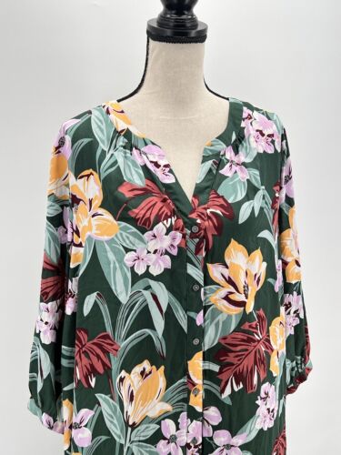 LOFT Womens Shirt Dress Muumuu Green Plus Size 20 Tropical Floral Balloon Sleeve - Picture 2 of 5