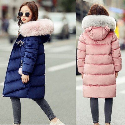 Girls Kids Thick Coat Sweet Fur Collar Hooded Jacket Down Long Parka Overcoats