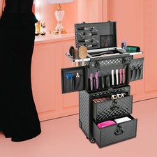 4-in-1 Pro Aluminum Rolling Makeup Case Salon Cosmetic Organizer Trolley Black