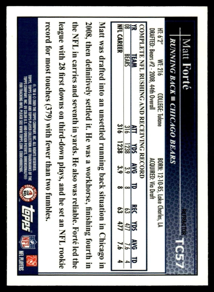 2009 Topps Chrome Refractors Matt Forte Chicago Bears #TC57 - Image 2 of 2
