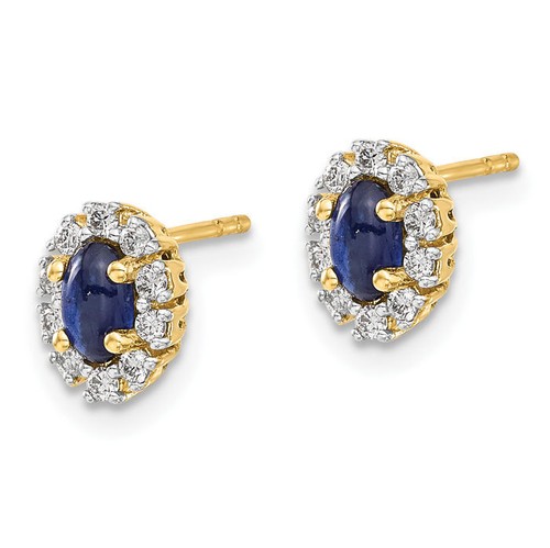 10K Solid Yellow Gold Diamond Blue Sapphire Oval Halo Studs Earrings - Picture 3 of 5