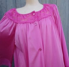 NOS Vtg 70s Pink M Silky NYLON Long Robe 3.5" Lace Sleeves Bodice USA