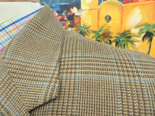42 LONG- H.FREEMAN 100% WOOL HOUNDSTOOTH/ WINDOWPANE KHAKI/GOLD/BLUE - Picture 2 of 7