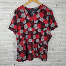 Prints by Maevn Unisex Scrub Top 2XL Plus Roses Black Red Pockets Medical Vet