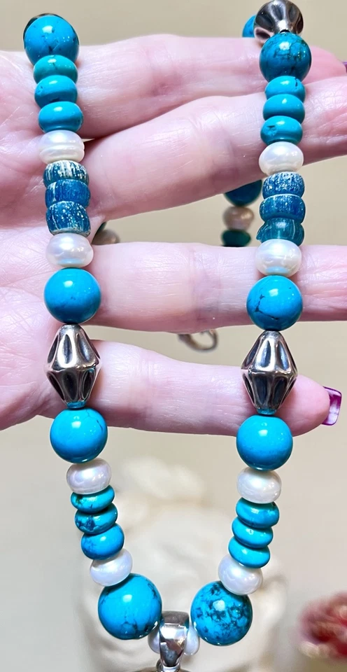 HERMOSO Collar Diseñador Plata Esterlina Turquesa, Perla, Vidrio de Mar Adornado Foto 4 de 4