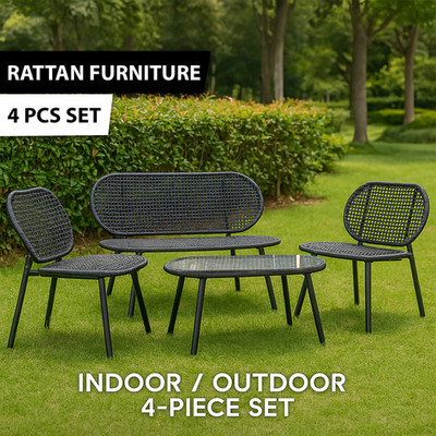 Möbel 4 tlg Set Indoor Outdoor Garten Metall Rattan Bank Stuhl Esstisch