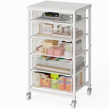 Utility Cart 5 Drawers Lockable Wheels Rolling Wooden Tabletop White