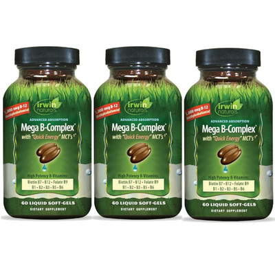 Irwin Naturals Mega B-Complex with Quick Energy MCT's 60 Softgels Each (Pack 3)
