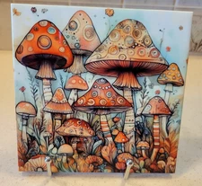 New Whimsical Mushroom Ceramic Tile Trivet Hot Pot Holder Handmade 6x6 Free Ship