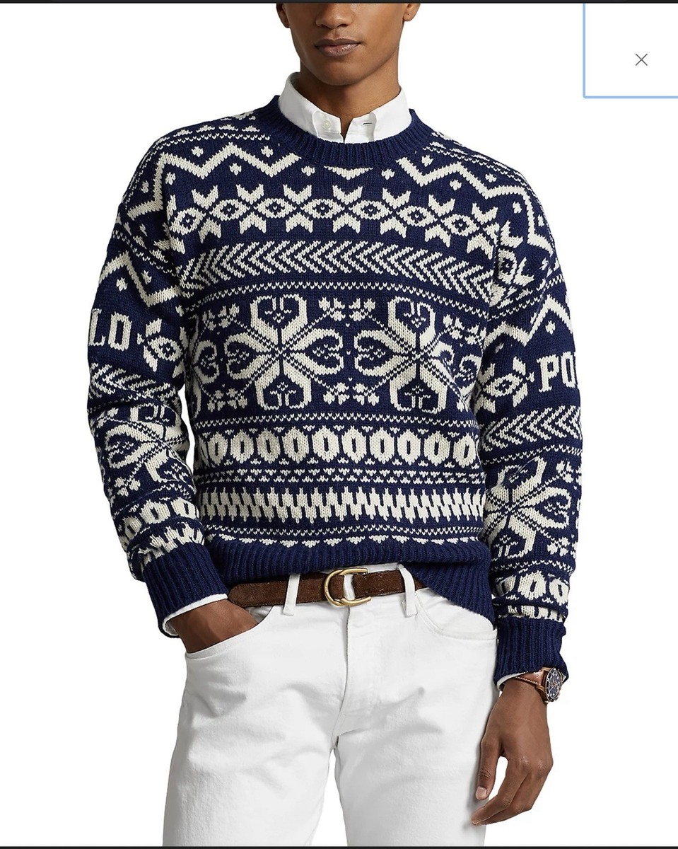 Polo Ralph Lauren Navy White Snowflake Wool Sweater Men's SZ XL