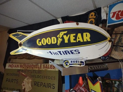 VINTAGE LARGE GOODYEAR BLIMP 30" PORCELAIN METAL SIGN AUTO AVIATION ADVERTISING