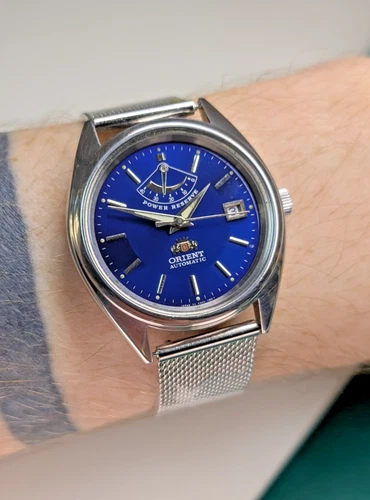 Vintage Orient Power Reserve FD00 Date Blue Dial Men Bracelet Japan Automatic