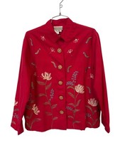 Coldwater Creek Embroidered Jacket Size Medium Button Front Red Multi Boho Retro