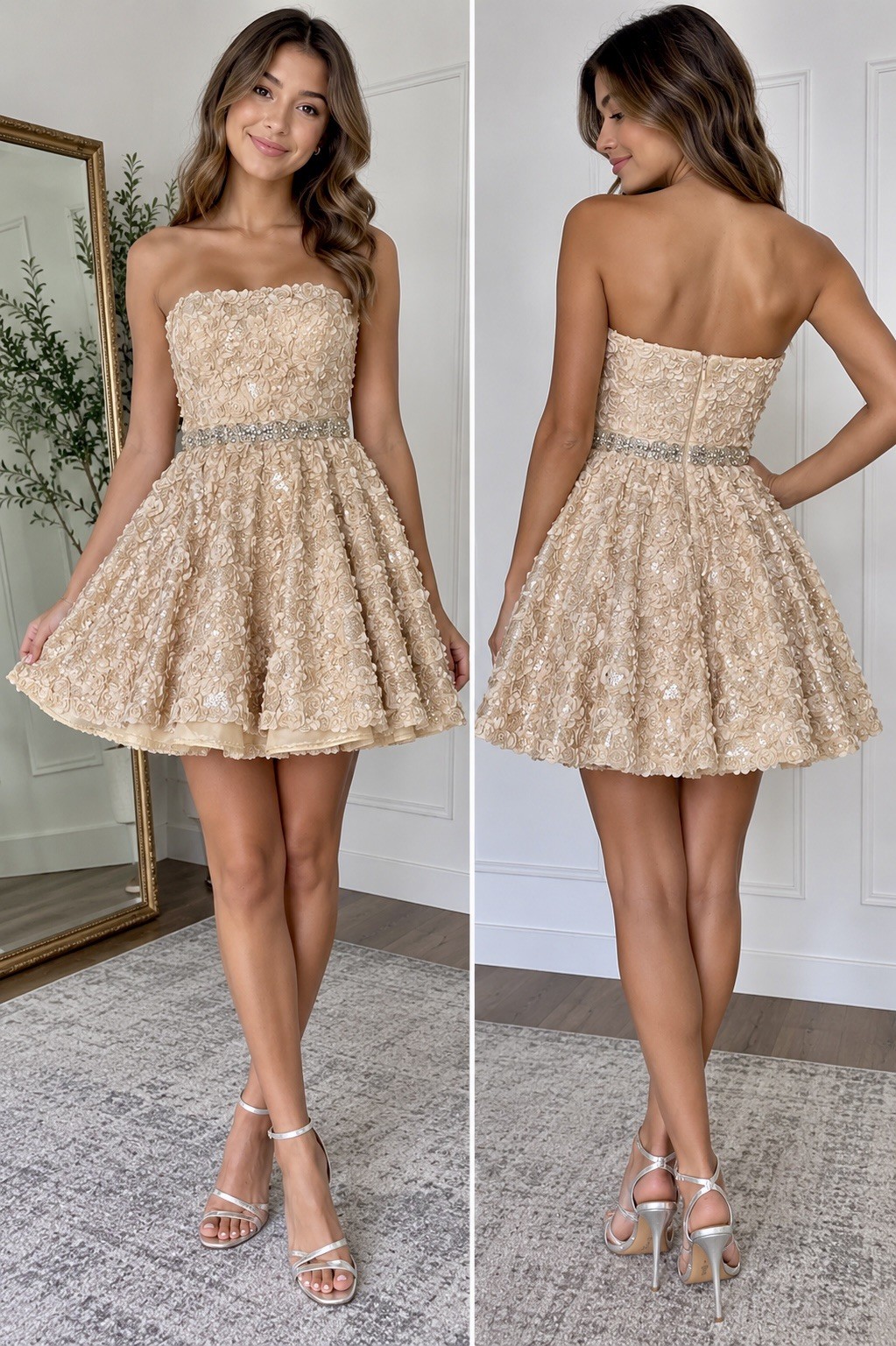 AS U Wish Juniors Strapless Champagne Gold 3D Floral Sequin  Party Dress Size 11