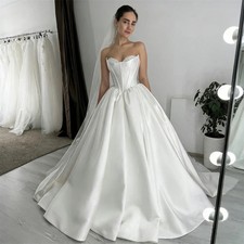 Strapless Scoop Neckline A-Line Satin Wedding Dress Lace-up Back Floor Length