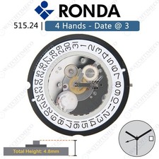 Genuine Ronda 515 24 Hour GMT Watch Movement Swiss Parts 4 Hands Date  3/4.5
