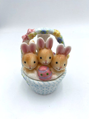Vintage Brinn's 1994 Bone China Easter Basket Bunny Rabbit Candle & Trinket Box