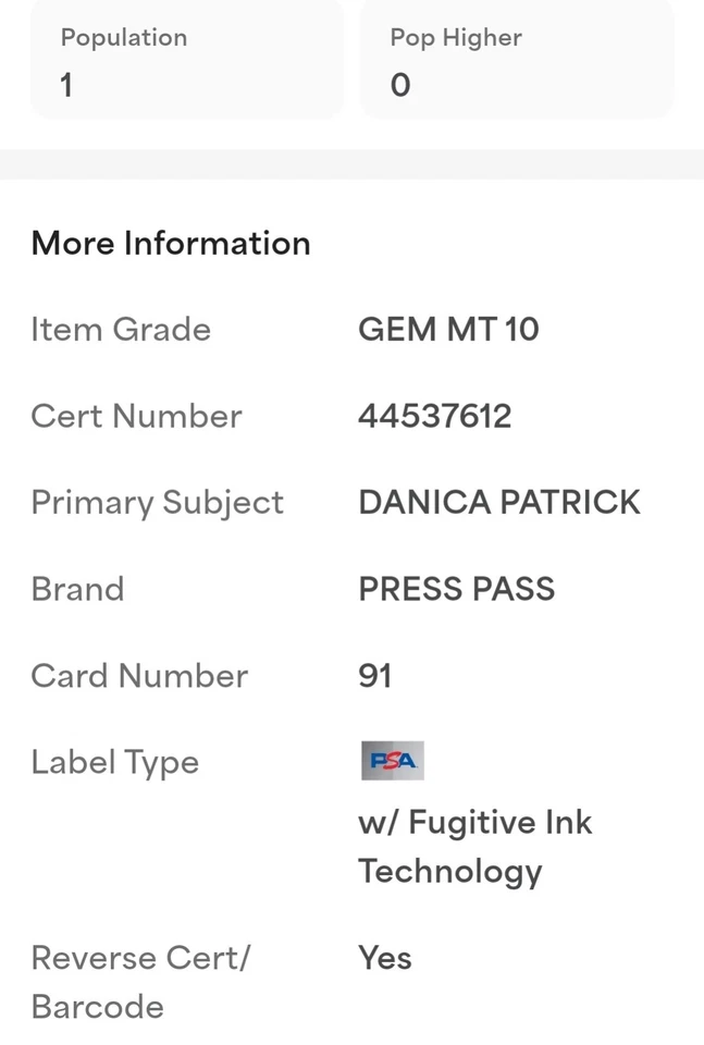 🏁 Danica PATRICK *Hot Seat* PSA 10 2013 Press Pass #91 POP 1 🔥 Gem Mint - Image 3 of 3