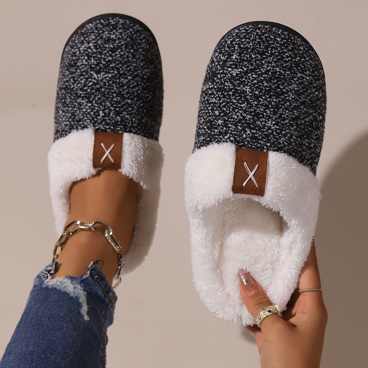 Slippers Plush Winter Warm Indoor Home Soft Cotton Thick-Soled Thick Shoes Women-image