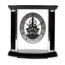 MODERNO OROLOGIO DA MANTELLO SCHELETRO. FINITURA PIANOFORTE IN LEGNO NERO.NUOVO.